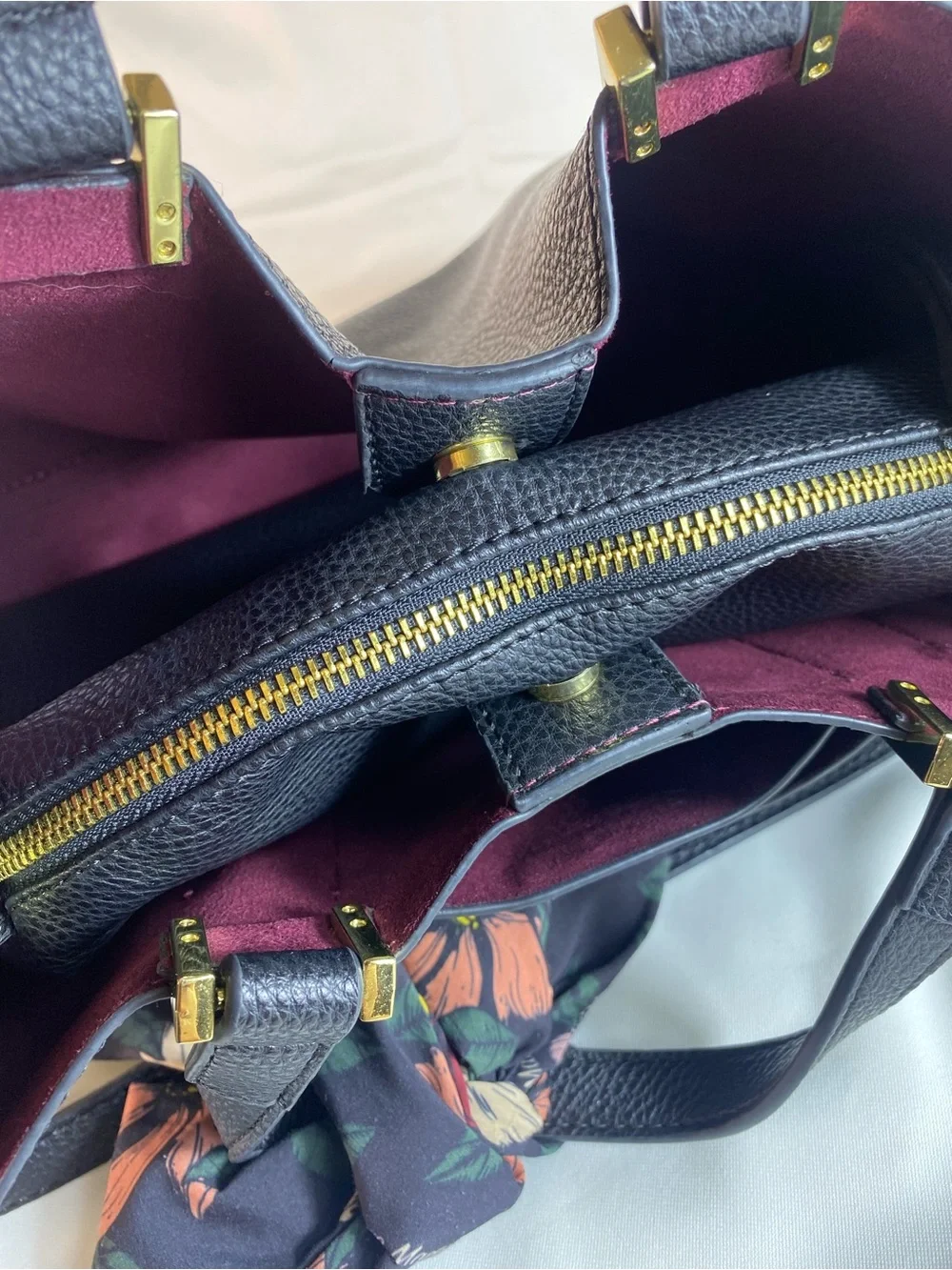 Steve Madden Black Pebbled faux leather purse with Floral Scarf Accent